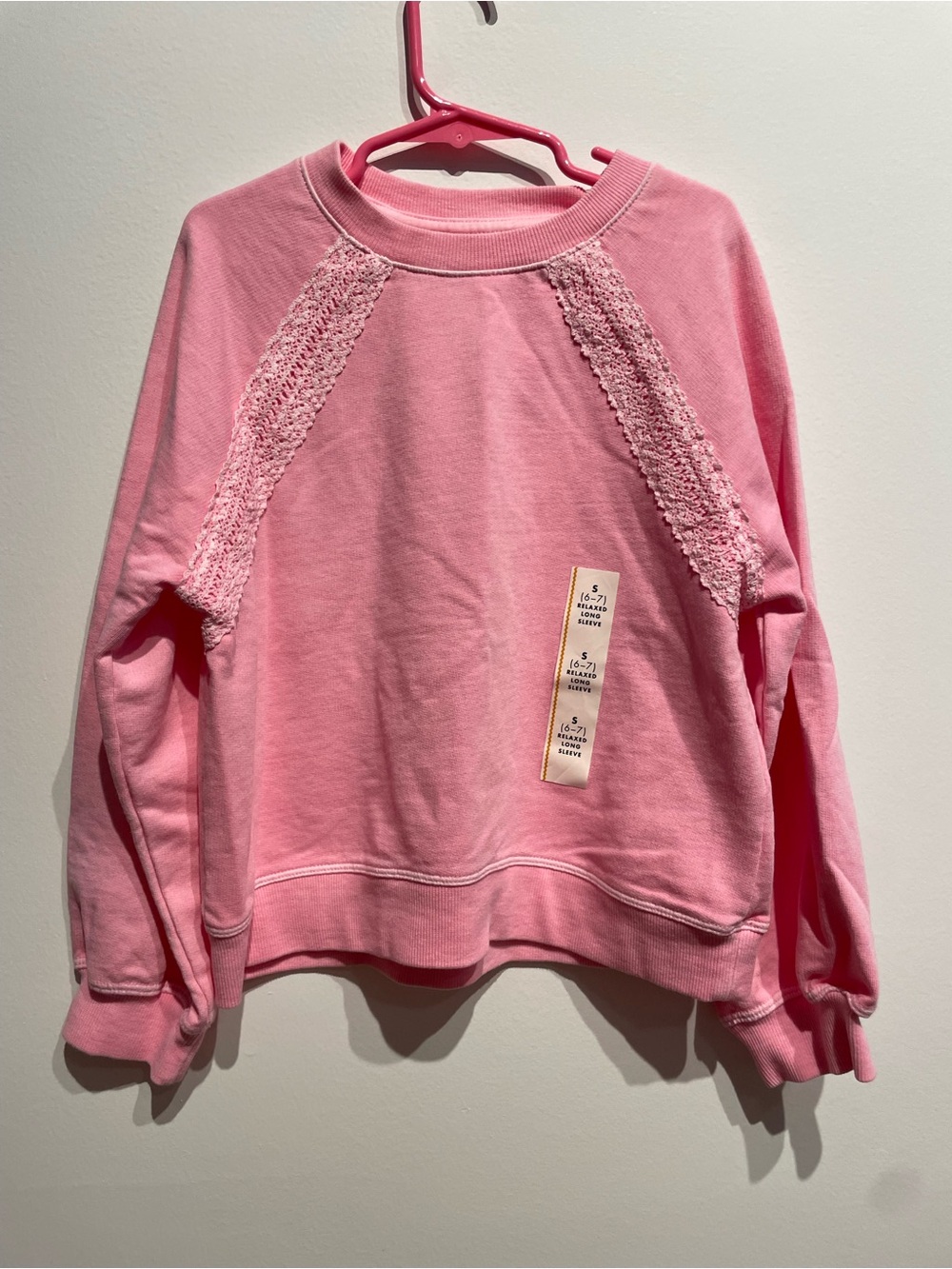Cat & Jack Girls Lace Trim French Terry Pullover Sweatshirt Pink Small (6/7) NWT